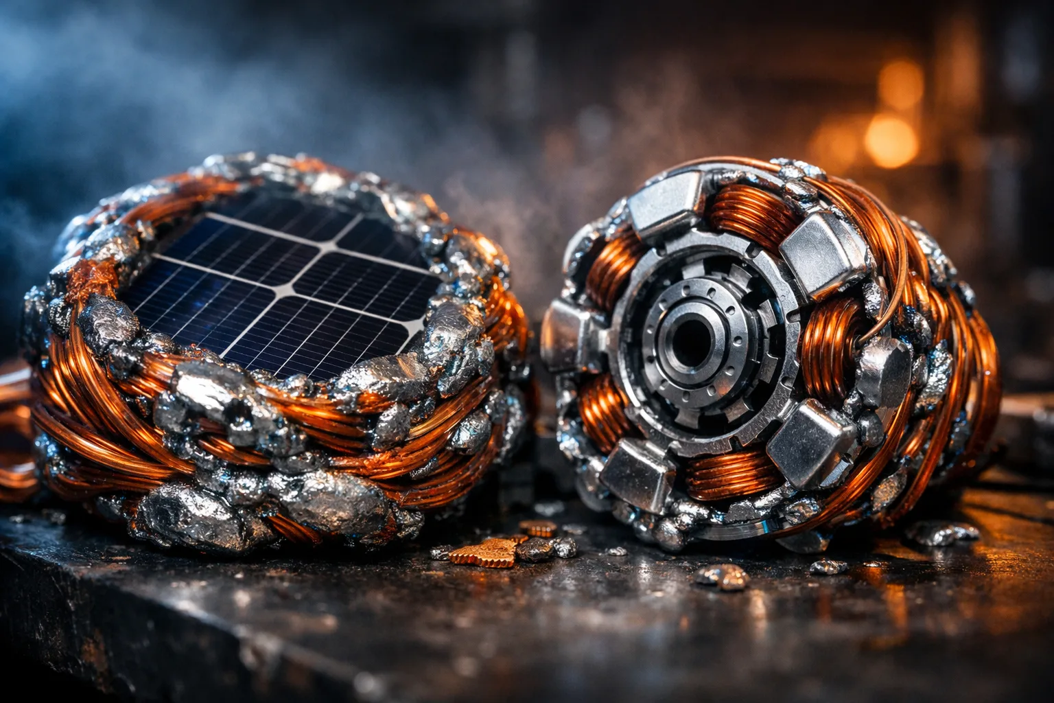 Hyper-realistic editorial photography of raw coiled copper wires and shiny silver ingots melding and fusing together to organically form advanced solar panel cells and electric vehicle motor components, resting on a dark industrial workbench.